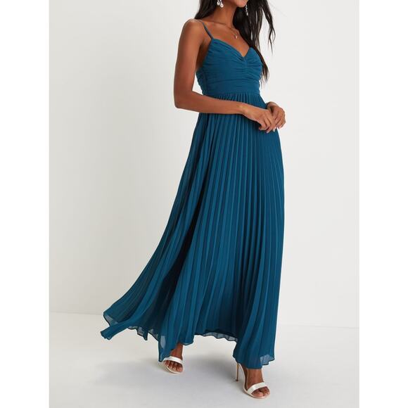 Lulus Sensational Charmer Teal Blue Pleated Sleeveless Maxi Dress Wedding Size M - Picture 2 of 16